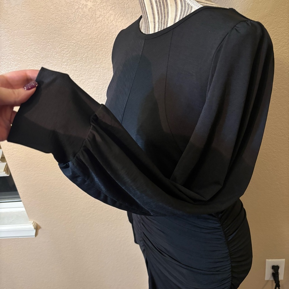 NWT 19 Cooper Dress Large Black Long Balloon Sleeves Ruched Lined Sexy Stretch - Picture 8 of 15